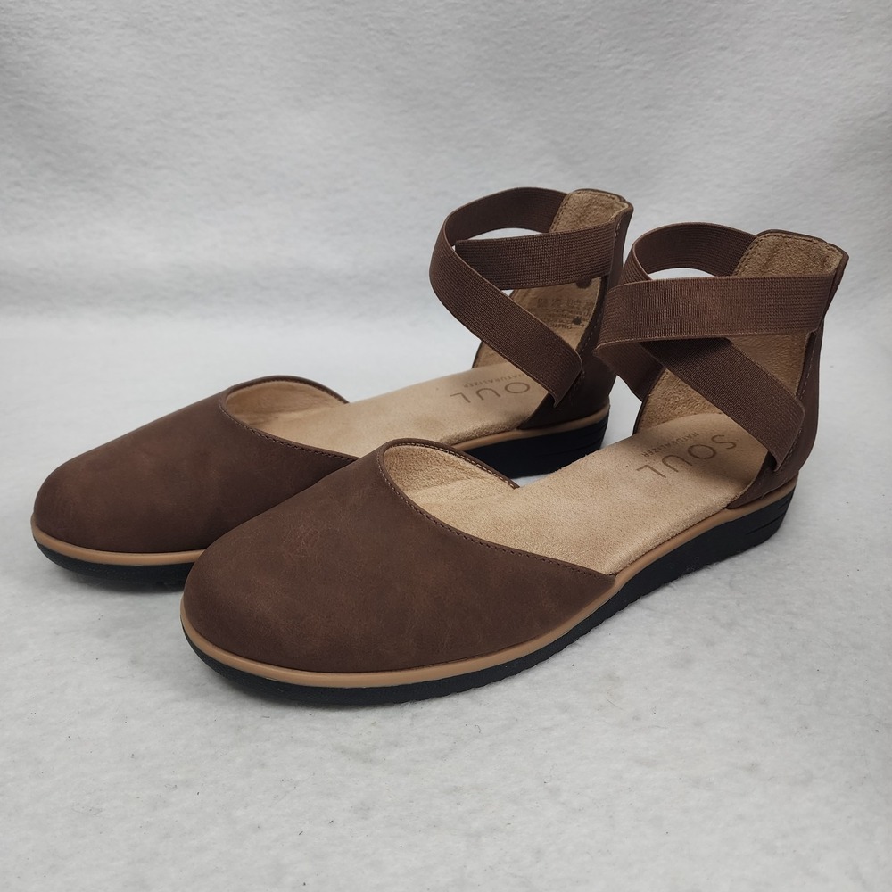 Soul Naturalizer Intro Women's 8W Shoes Brown Round Toe Ankle Strap Casual Flat